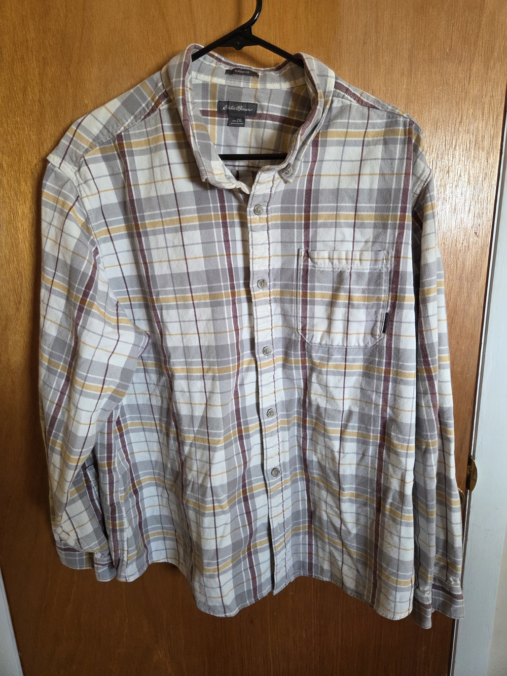 Eddie Bauer Men's Cream, Gray & Brown Plaid Button-Down Shirt